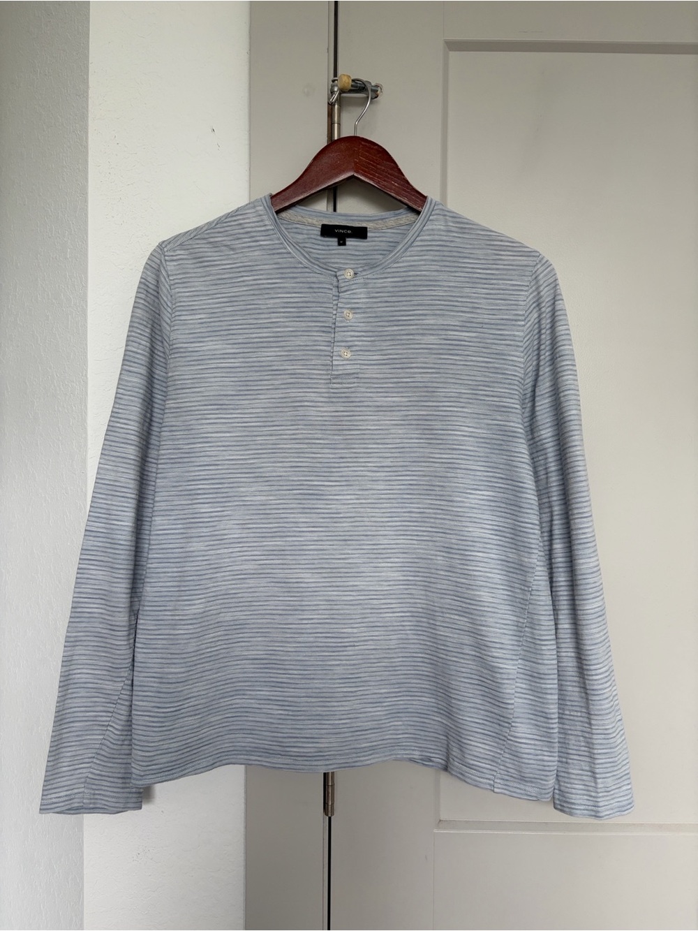 VINCE COTTON BLEND THERMAL LONG SLEEVE HENLEY STRIPED SHIRT BLUE WOMENS MEDIUM